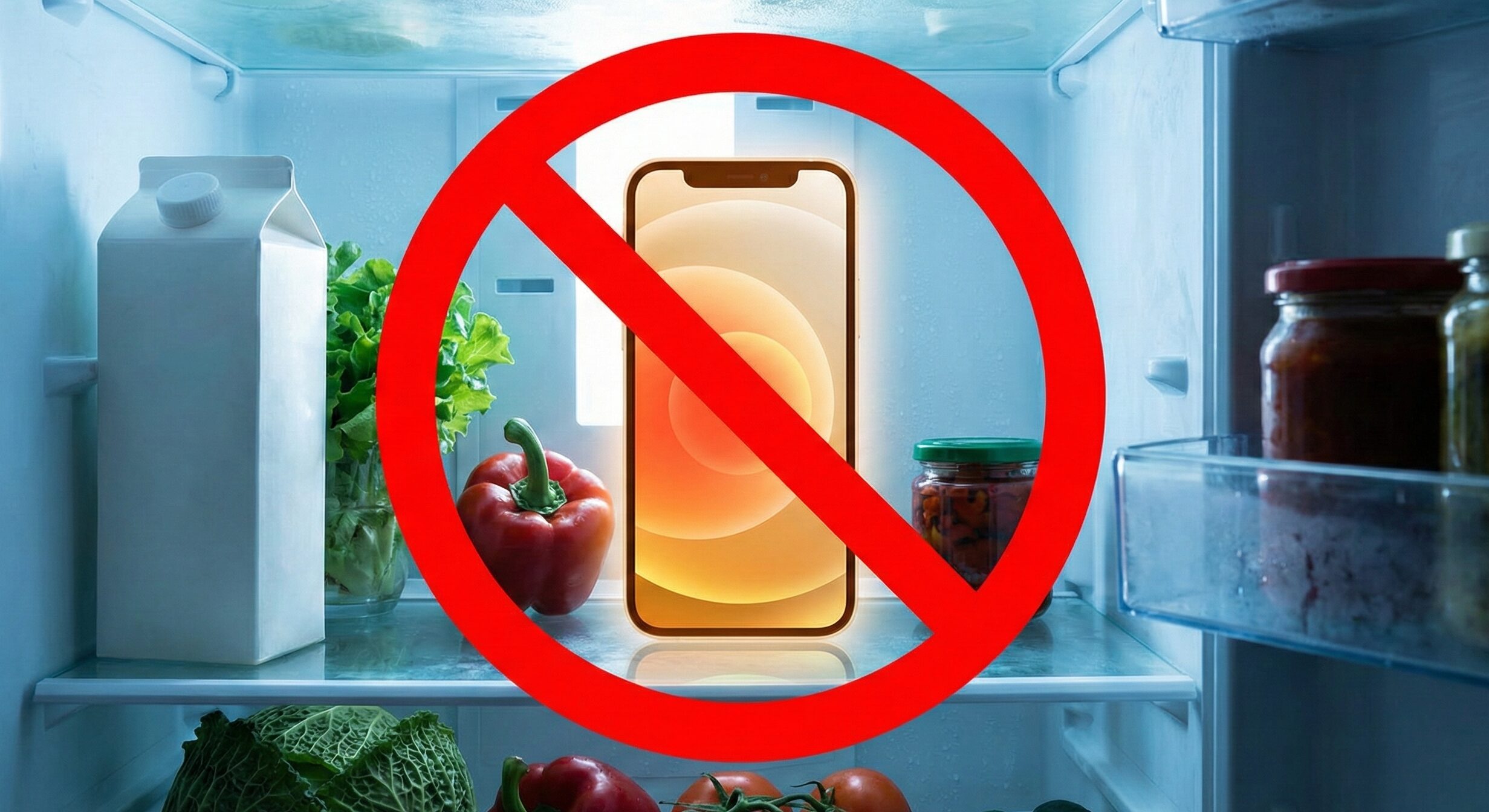 冷蔵庫にiPhoneを入れてはいけないイメージ