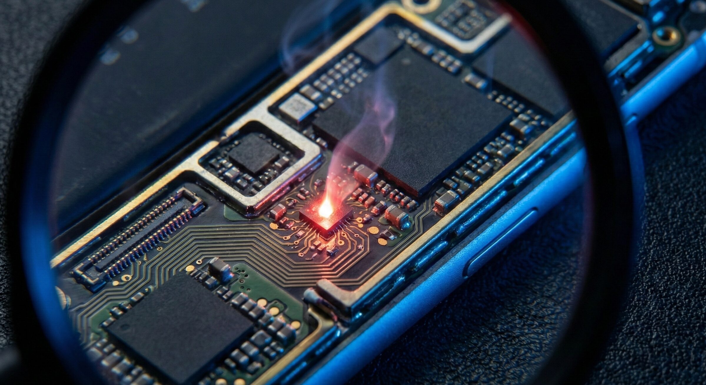 マイクロスコープで観察するiPhoneの基板と漏電箇所