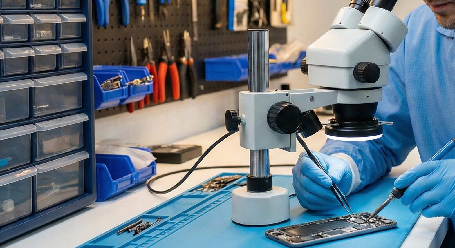 プロの技術者がiPhoneの基板修理を行っている様子